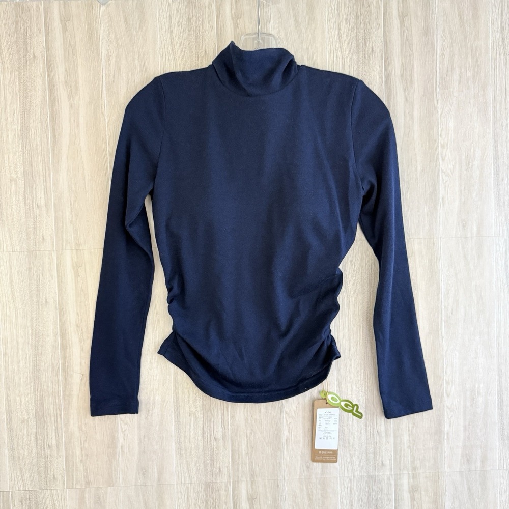 OGL Back Tie Neck Long Sleeve Ruched Top Womens XS Navy Wool Blend Built In Bra